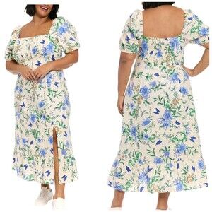 London Times Size 18 A-Line Midi Day Dress Linen Rayon Multi Butterflies Flowers